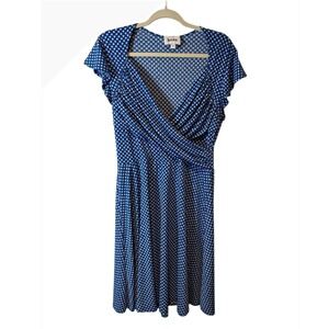 Leota Wrap Dress Blue White Polka Dot Flutter Sleeve Midi‎ XL Faux Wrap Pin-Up